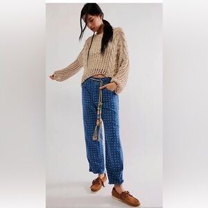 Free People Dr. Collectors Carpenter Block Print Pants Rope Beaded Indogo Blue
